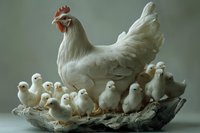 White hen with group of baby chicks gathered on driftwood against soft green background, portraying maternal care and protection in nature, farm life scene.