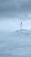 Person standing on snowy mountain peak in blizzard conditions, arms outstretched, wearing winter gear. Overcast sky with heavy snowfall. Use for adventure, winter sports, perseverance, achievement themes.