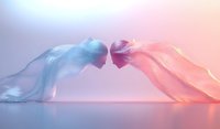 Ethereal translucent figures in blue and pink lean towards each other creating heart shape, glowing on reflective surface against soft pastel background.