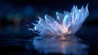 Glowing magical water lily flower with luminescent petals floating on dark water surface, ethereal light particles creating mystical atmosphere at night.