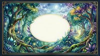 Enchanted forest frame with magical plants and glowing elements surrounding oval space for text or design. Fantasy botanical border with mystical atmosphere.
