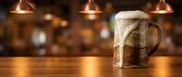 Frothy beer mug on wooden bar counter in warm pub atmosphere with pendant lights creating cozy ambiance for hospitality and beverage service.