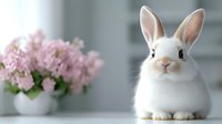White bunny with long ears sitting near pink flowers in white vase against light gray background, soft natural lighting creates gentle spring mood and cozy atmosphere.