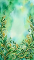 Watercolor background with ornamental green and gold leaf flourishes framing bottom and sides, featuring soft aqua and yellow washes creating elegant botanical border design for invitations and decorative projects.