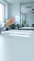 Hand touching holographic security shield icon in modern office environment representing cybersecurity protection and digital safety solutions.