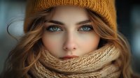 Young Caucasian woman with blue eyes wearing knitted beanie hat and cozy scarf wrapped around neck, looking directly at camera with natural makeup and wavy brown hair.
