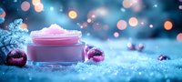 Pink moisturizing cream jar on snowy surface with glowing bokeh lights and decorative ornaments creating magical winter skincare atmosphere in blue tones.