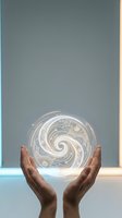 Hands holding glowing digital sphere with circuit patterns and swirls representing technology innovation and futuristic concepts for business presentations.