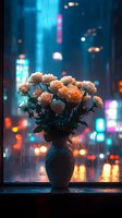 Peach roses in dark vase on rainy window with neon city lights bokeh background, moody urban night scene for home decor and editorial use.