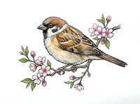 Small brown and white sparrow perched on flowering branch with pink blossoms, isolated on white background, suitable for nature designs, textiles, and decorative projects.