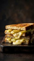 Stacked grilled cheese sandwich with melted cheese oozing out and pickles on rustic wooden board, dark moody background.