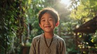 Happy Asian boy child smiling outdoors in natural sunlight wearing casual gray shirt and necklace in green garden setting for family lifestyle content.