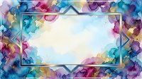 Watercolor ink wash border frame with vibrant multicolored fluid art splashes in pink, blue, purple, and gold tones on white background, suitable for invitations and design projects.