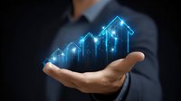Glowing blue digital arrows trending upward float above businessman's palm, representing business growth, financial success and market performance analysis.