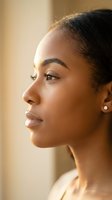 Young African American woman in profile with natural glowing skin and elegant pearl earrings in warm golden light for beauty and skincare concepts.
