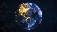Digital Earth globe with glowing network connections showing global connectivity and data flow across continents on dark background.