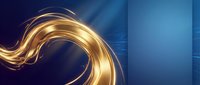 Glowing golden liquid wave flowing across dark blue background, creating modern abstract motion effect for tech and business design projects.