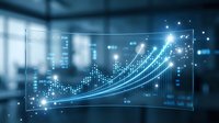 Futuristic holographic financial chart displaying upward growth trend with glowing data points in modern office environment for business analytics.
