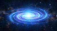 Spiral galaxy with bright blue luminous arms swirling around glowing white core against deep space starfield background for astronomy and science concepts.
