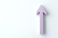 Minimalist upward pointing purple arrow on white background with soft shadow, symbolizing growth, progress and positive direction. Isolated design element.