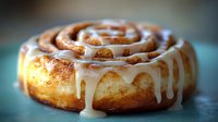Fresh baked cinnamon roll with sweet vanilla glaze dripping down sides, closeup view showing soft dough texture and aromatic spice swirls on blurred background.