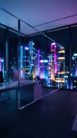 Transparent glass panel in a dark office with a blurred neon city skyline at night, glowing in purple and blue tones.