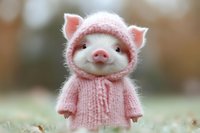 Adorable pink piglet toy wearing knitted sweater and hat standing on grass, soft bokeh background creates dreamy atmosphere for children decor and greeting cards.