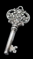 Ornate silver skeleton key with elaborate floral head featuring scrollwork and daisy motifs, isolated on transparent background. Ready for clipart, t-shirt design, print-on-demand, stickers, and sublimation projects.