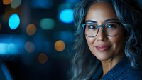 Asian woman with glasses and gray hair smiling warmly against blurred blue bokeh lights background, wearing dark sweater, expressing confidence and wisdom.