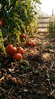 Fresh ripe red tomatoes growing in organic vegetable garden with mulched soil and green foliage in warm sunlight for sustainable farming and harvest concepts.