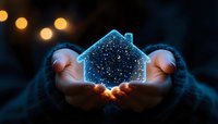Hands holding glowing digital house hologram with sparkling particles against dark background with warm bokeh lights for real estate technology concepts.
