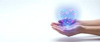 Female hands cupping glowing blue brain with neural networks on white background for medical technology and artificial intelligence concepts.