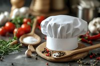 Professional white chef hat with wooden spoons, fresh herbs, tomatoes, garlic and spices on rustic kitchen table. Culinary background with cooking ingredients.