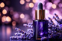 Purple glass dropper bottle with essential oil surrounded by fresh lavender sprigs against blurred bokeh lights background in violet tones. Aromatherapy concept.