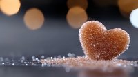 Brown sugar heart shape covered in sparkling crystals on dark surface with soft bokeh lights background, romantic food photography for Valentine's day designs.