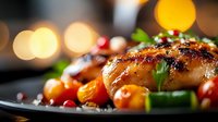 Roasted chicken with golden crispy skin served with colorful vegetables and herbs on dark plate. Perfect for holiday meals, dinner recipes, cooking blogs.