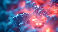 Microscopic view of DNA helix structure with glowing red and blue bokeh background showing genetic research and biotechnology advancement in medicine.
