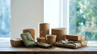 Assorted kraft paper packaging boxes and cylinders arranged on wooden surface near bright window with natural light and blurred green foliage background for e-commerce and retail branding.