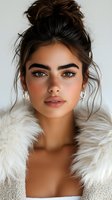 Young Mediterranean woman with freckles and messy bun hairstyle wearing white faux fur coat and pearl earrings against light background. Natural makeup look highlights features.