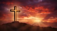 Christian cross silhouette on mountain peak against dramatic sunset sky with orange and purple clouds for religious and spiritual themes.