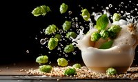 Fresh green hop cones splashing in beer foam with malt grains on dark wooden background, dynamic composition with flying drops and bubbles.