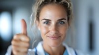Young female healthcare professional with freckles and blonde hair showing thumbs up gesture while smiling warmly at camera in medical setting.