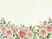 Watercolor roses and greenery border arrangement with pink, cream, and mauve blooms on cream background, suitable for wedding invitations, greeting cards, and floral design projects.