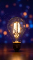 Glowing vintage filament light bulb with warm golden illumination against blurred bokeh background of blue and orange lights, symbolizing innovation and creativity.