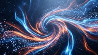 Abstract swirling energy waves with glowing blue and orange light trails creating dynamic motion against dark space background with particles.