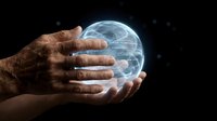 Close-up of dark-skinned hands holding glowing digital globe with neural network patterns, representing global connectivity, technology innovation, and worldwide communication on black background.