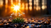 Delicate white snowdrop flowers emerging through forest floor at golden sunrise, symbolizing hope, renewal and spring awakening in natural woodland setting.