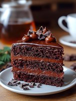 Rich chocolate layer cake with dark ganache filling and chocolate shavings on top, served on white plate with coffee cup and greenery in background.