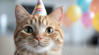 Orange tabby cat wearing colorful striped party hat with festive balloons in background for birthday celebration and pet party themes.