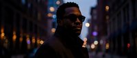 African American male wearing dark sunglasses and black jacket standing on urban street at night with blurred city lights and buildings in background.